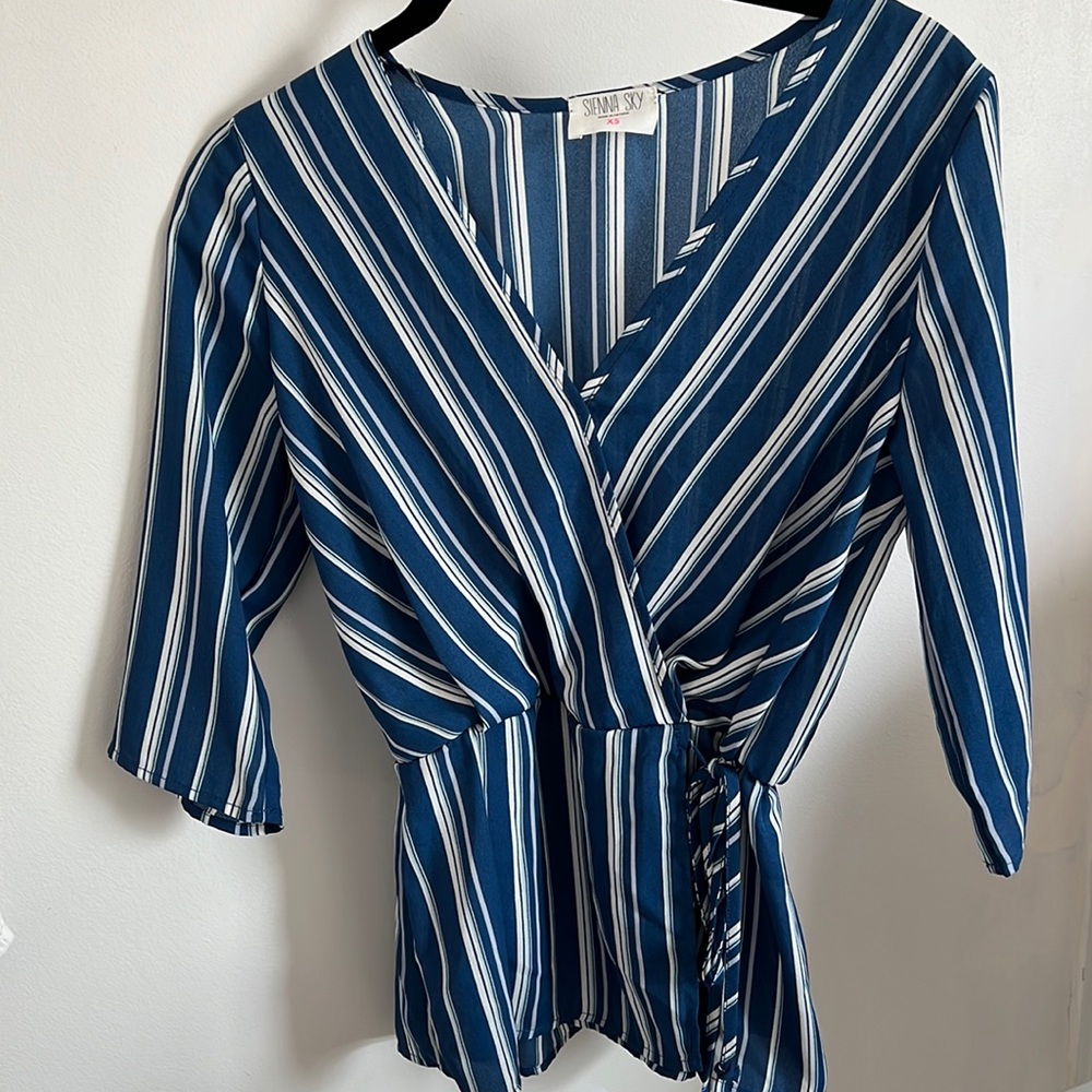 Sienna Sky XS blue and white striped Faux Wrap Blouse